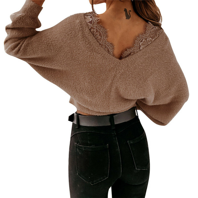 Suéteres cortos de piel de visón para Mujer, ropa de punto de encaje, para invierno, 2020