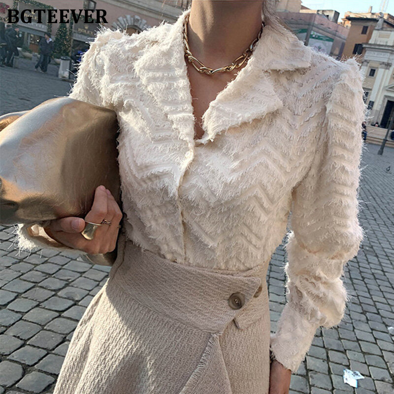 BGTEEVER-blusa elegante con cuello con muescas para mujer, camisa con borlas, ropa de trabajo de un solo pecho, Primavera, 2021