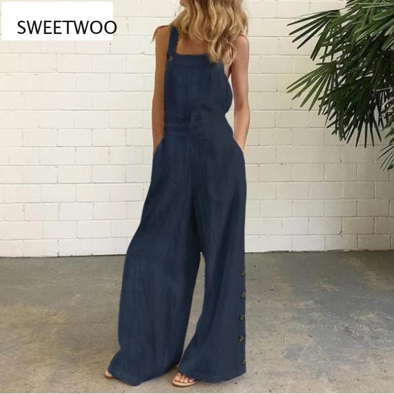 2021 Summer New Style Jumpsuit Women's Solid Color Sleeveless Side Pocket Casual Wide-Leg Side Buckle Jumpsuit