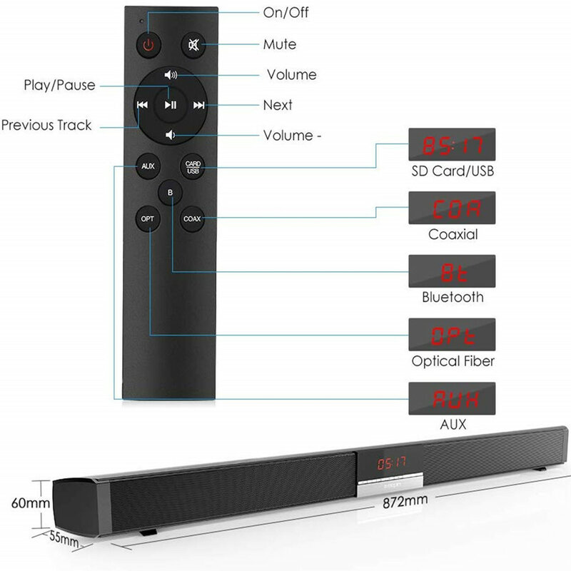 Barra de sonido HYASIA LED TV Altavoz Bluetooth inalámbrico 5,0 barra de sonido Subwoofer altavoz Home Theater sistema de sonido AUX Coaxial USB
