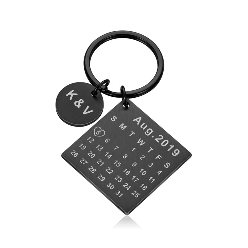 Personalized Custom Calendar KeyChain Stainless Steel Highlighted with Heart Date Engrave Date Wedding Anniversary Keyring Gift