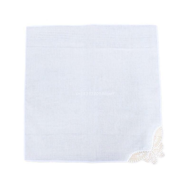 28x28cm Women Plain White Square Handkerchiefs Crochet Butterfly Lace Corner Bridal Wedding DIY Cotton Napkin Pocket Dropship
