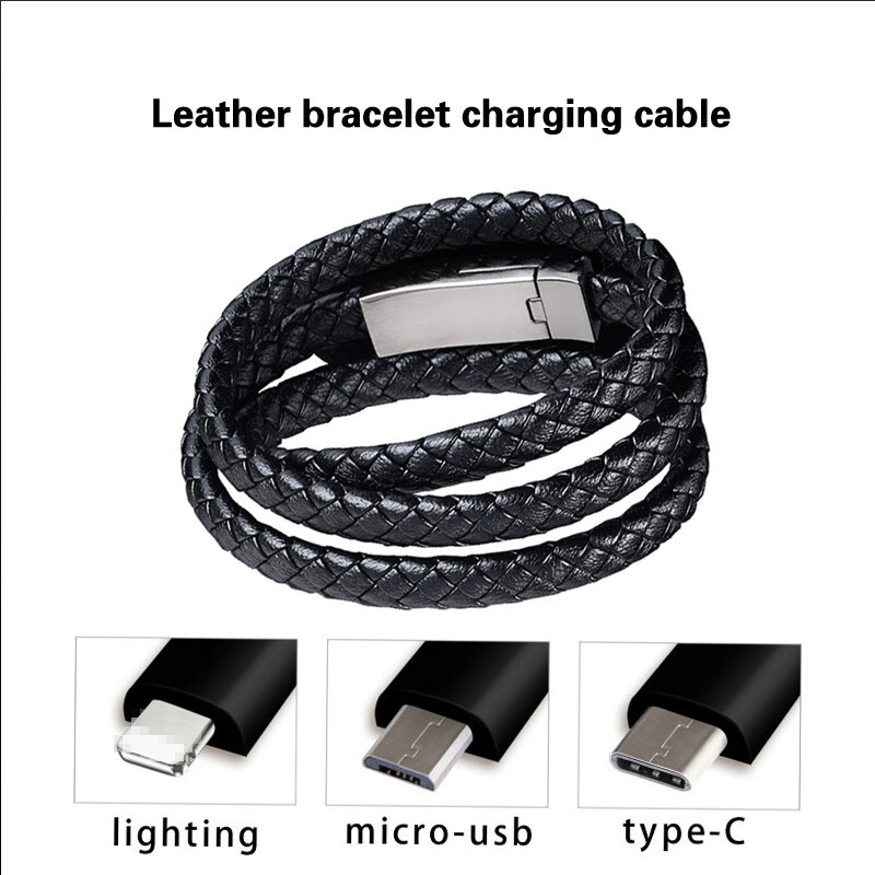 Leather Bracelet Charger Cable Type-C USB Bracelet Charger Data Charging Cable Sync Cord for IPhone 7 8 Android Phone Cable Gift