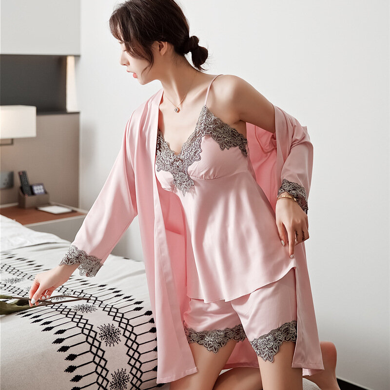 5 Buah Jubah Sutra Setelan Tidur Wanita Set Gaun Piyama Satin Renda V-Neck Cami Pakaian Malam Pijama Pakaian Tidur Rumah Baju Tidur Musim Semi