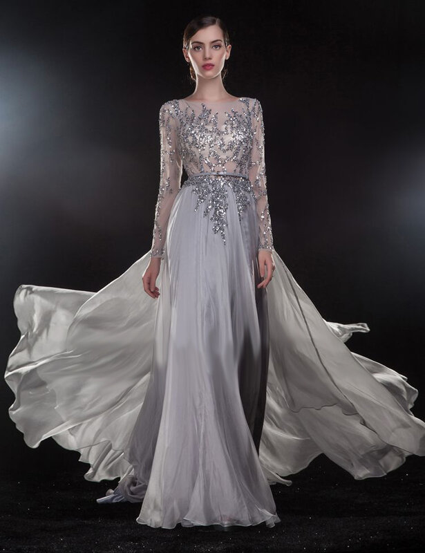 sexy backless long sleeve evening gown see through cap sleeve beading silver formal robe de soiree mother of the bride dresses