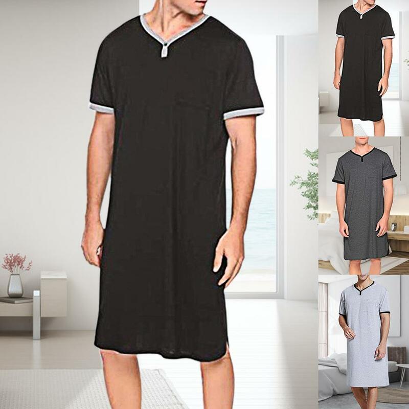 Men Sleepwear Short Sleeve O Neck Pocket Nightdress Loose Knee-length Nightgown Homewear Plus Size 3XL Warm Clothes For Male