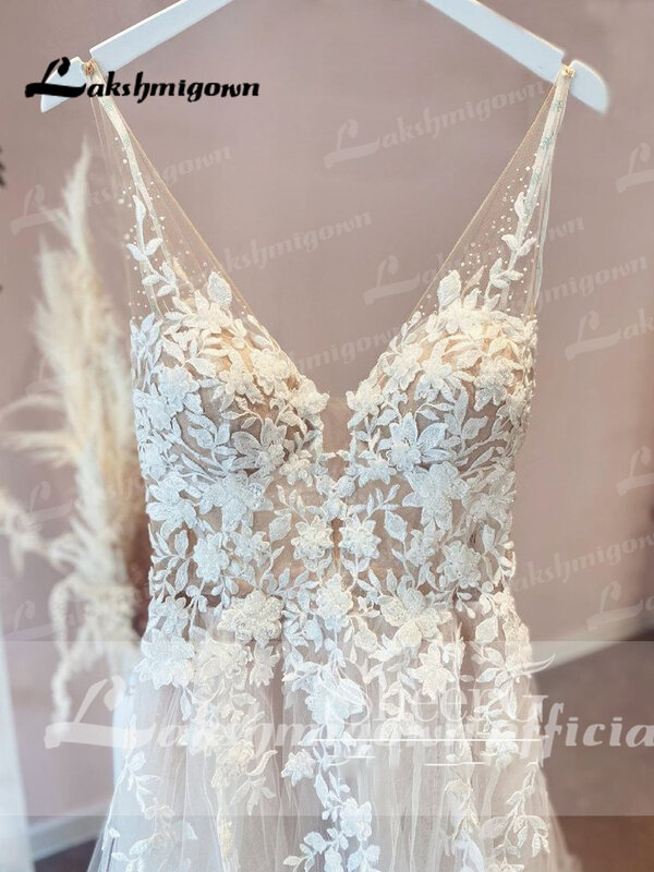 Lkshmigown-チュールのウェディングドレス,ラインの花のディテール,Vネック,ビーチ下着,trouwjurkドレス