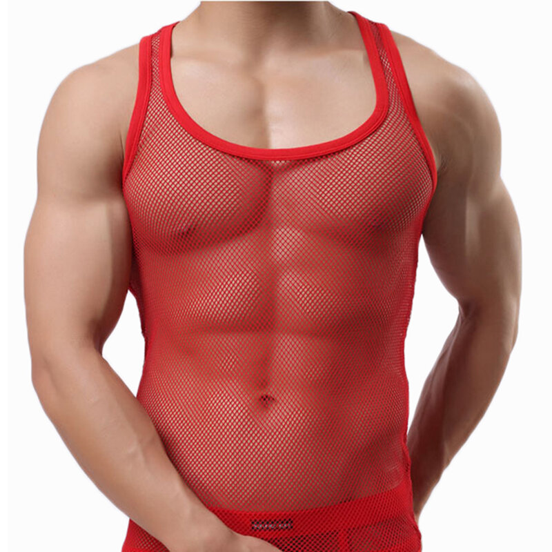 Sexy traspirante sotto le camicie Fitness uomo abbigliamento discoteca festa muscolo maschio vedere attraverso magliette allenamento canotte gilet vestiti