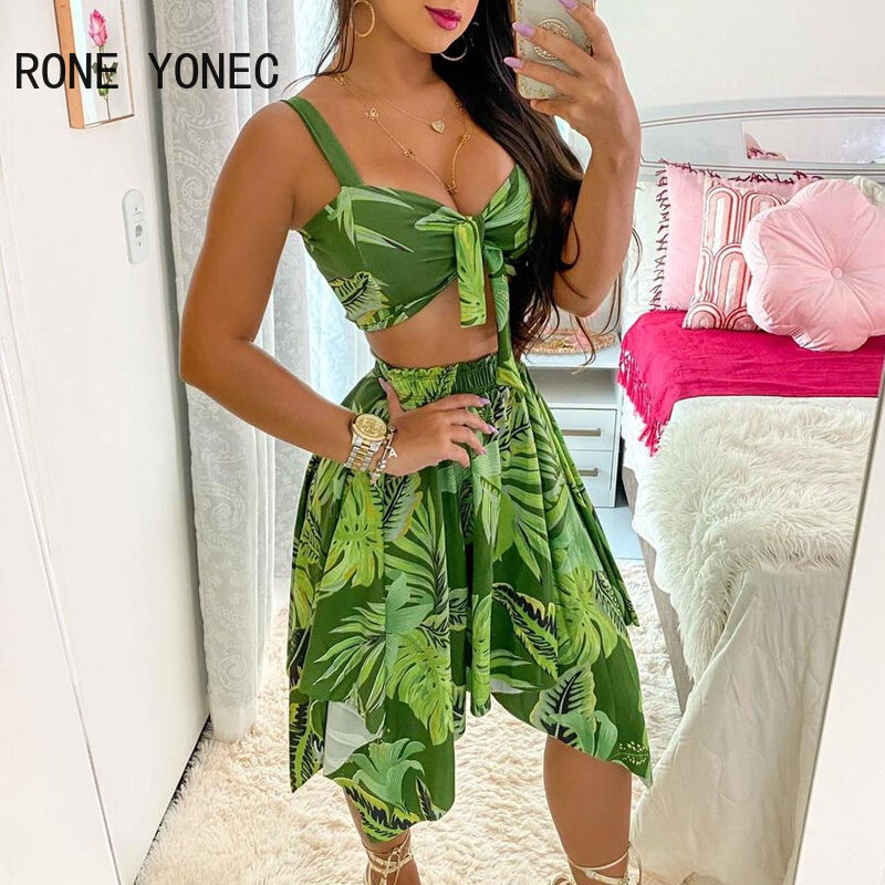 Women Floral Print Strap Sleeveless Cropped Tanks With Mini Dress Suit Sets Summer Suit