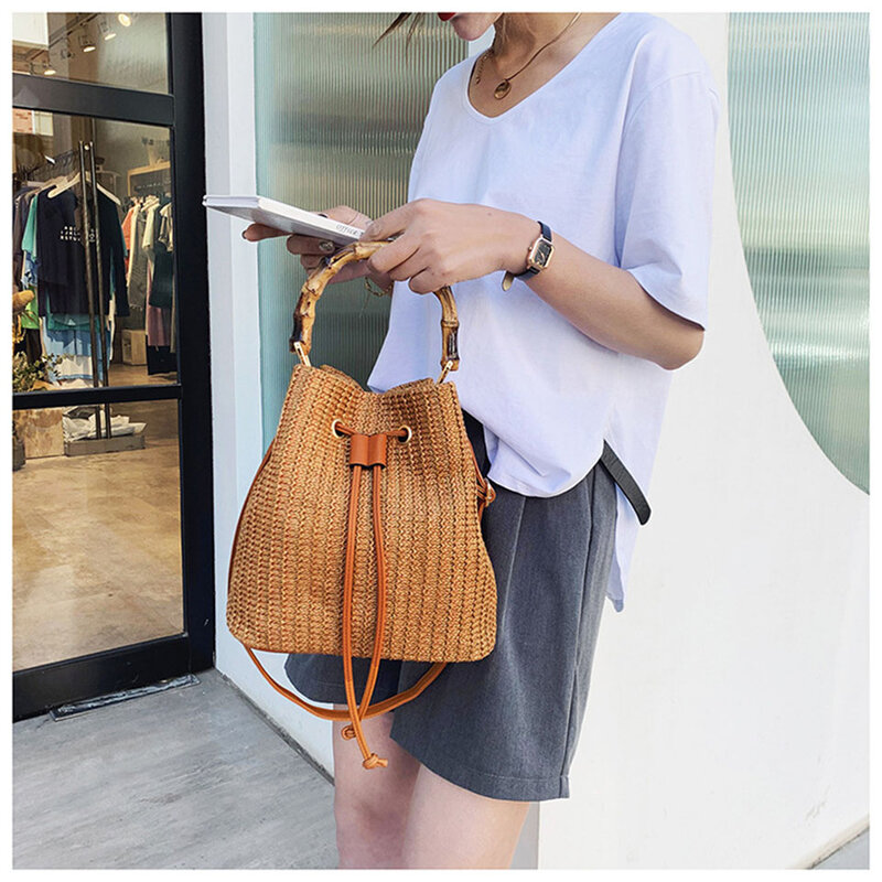 새로운 여름 버킷 밀짚 가방 대나무 손잡이 짠 등나무 가방 해변 여성 핸드백 라피아 숙녀 어깨 크로스 바디 가방 볼소, 2021