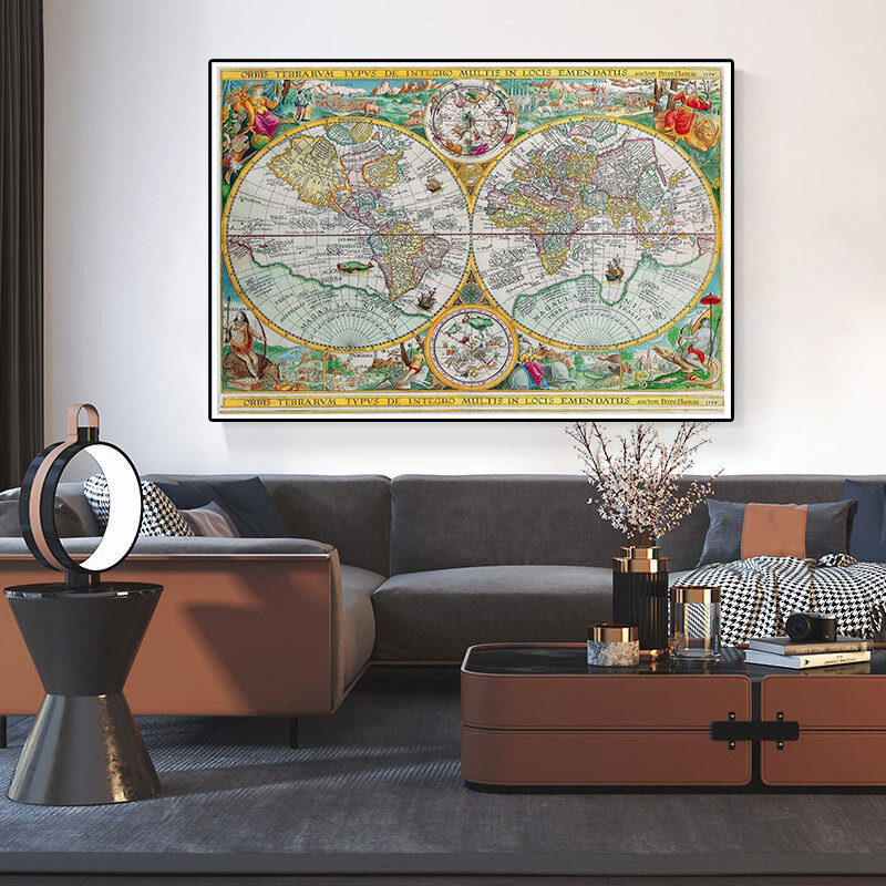 1594 Latin Vintage World Map 150x100cm włóknina płótno malarstwo dekoracyjne Globe plakat artystyczny naklejka ścienna biuro Home Decoration