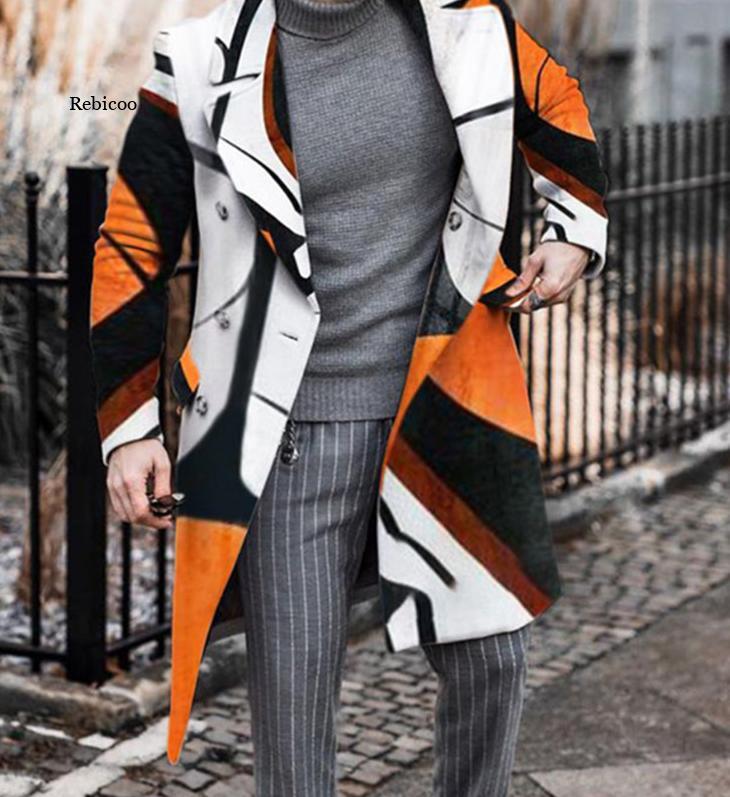 New Autumn Winter Windbreaker Men's Coat Fashion Trendy Lapel Print Jacket Double Breasted Mid-Length Male Coat