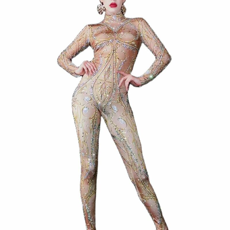 豪華な黄金のクリスタルラインストーンジャンプスーツ女性djナイトクラブの衣装女性ダンサーステージショー長袖ボディコン衣装