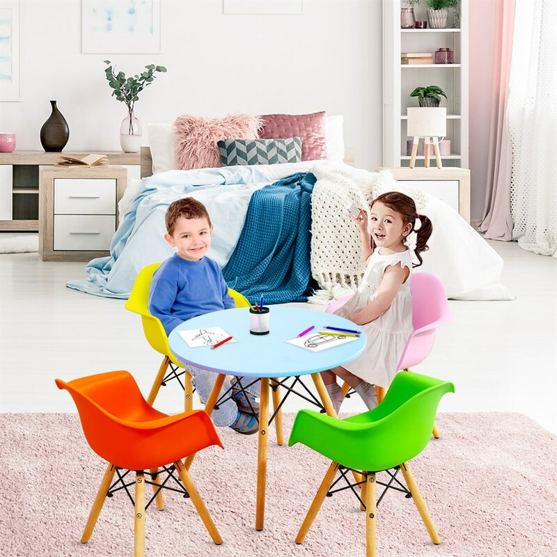 Conjunto infantil de mesa e 4 cadeiras, 5 peças, mesa de jantar e sala de jantar, com 4 cadeiras, coloridas