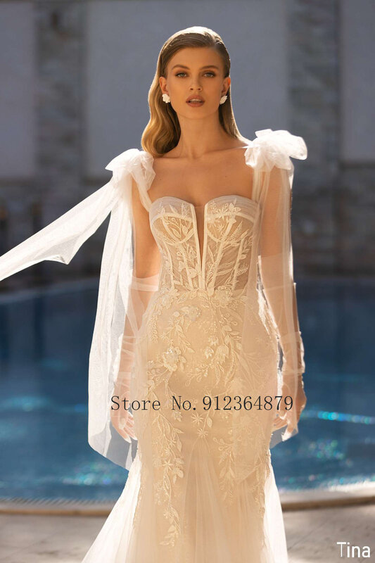 Luxus Meerjungfrau Brautkleider Dicken Staps Abnehmbare Zug 2 In 1 Spitze Applique Hochzeit Kleider Tailor-Made