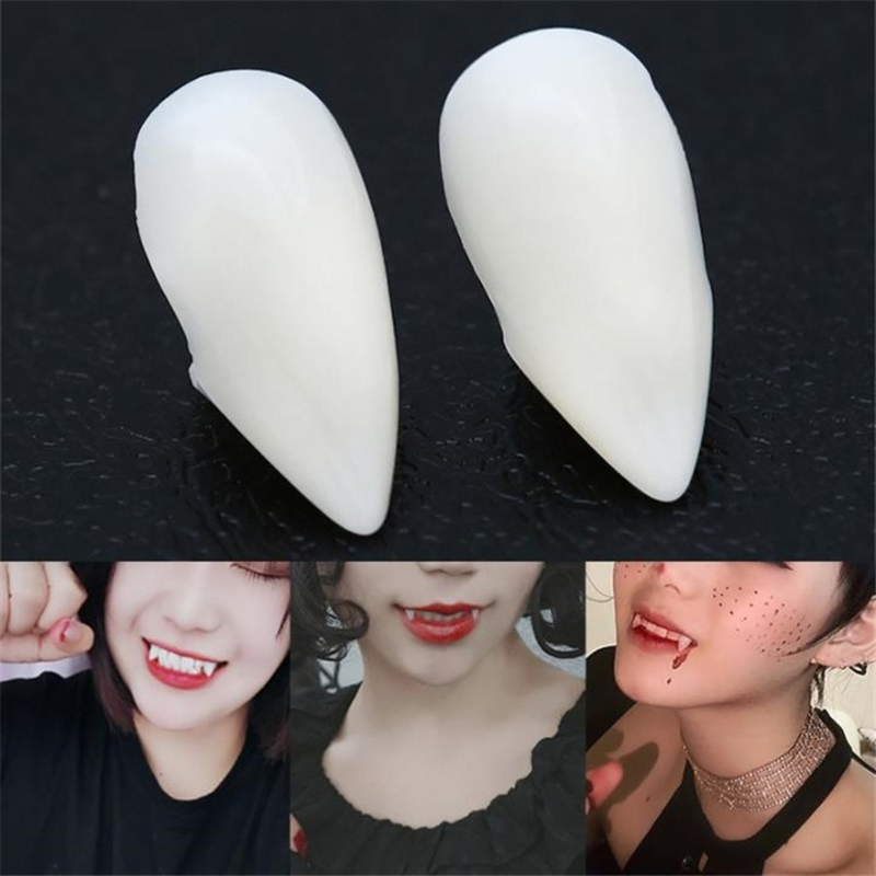 Colmillos de dientes de vampiro para disfraz de Halloween, accesorios de maquillaje adhesivos, pegamento sólido