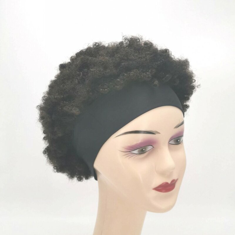 Atacado afro kinky encaracolado peruca e bandana destino curto elástico preto natural cutícula alinhada cabelo humano peruca