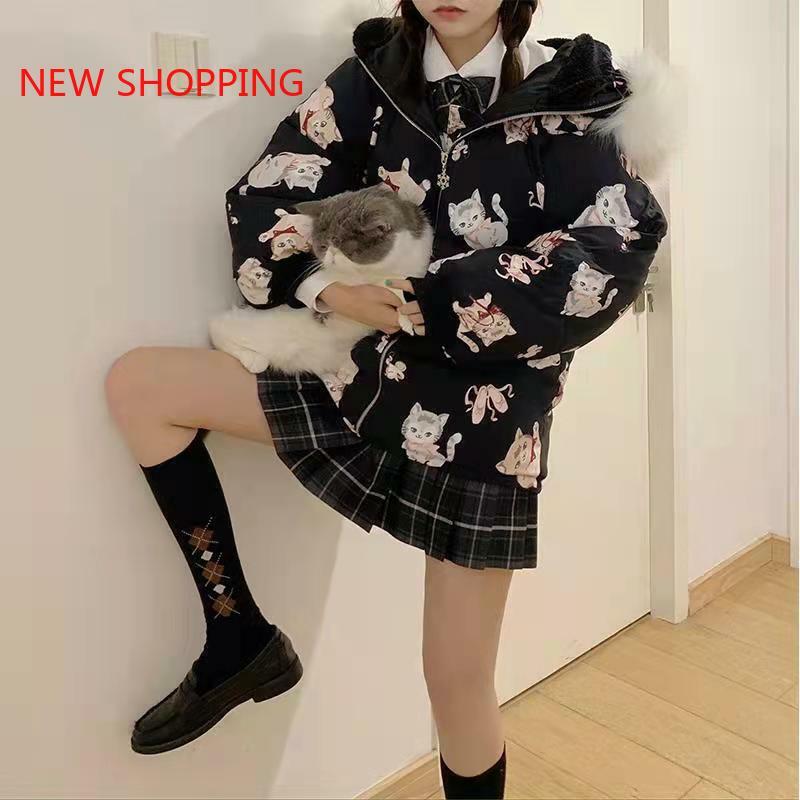 Japonês doce kawaii algodão casaco feminino inverno mais veludo espessamento para baixo jaqueta menina estudante de neve usar outerwear parkas preto