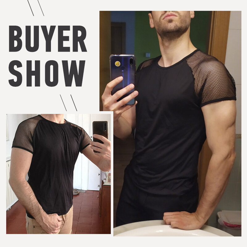 Moda męska T koszula siatkowy Patchwork Streetwear wycięcie pod szyją 2023 z krótkim rękawem koszulka Casual topy Sexy oddychające koszulki 5XL INCERUN