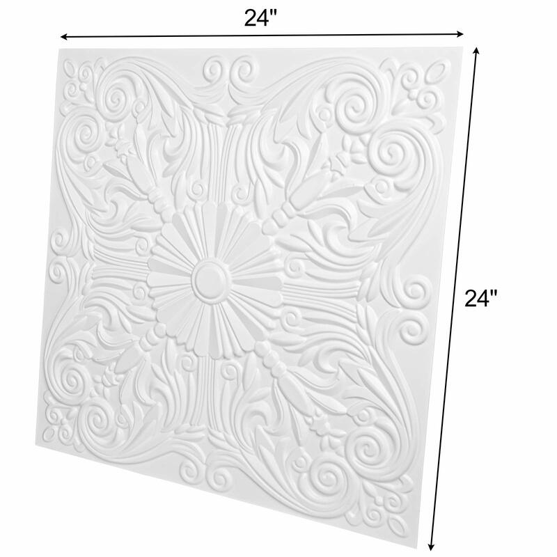 60x60cm PVC 3D Decorative Ceiling Tile Spanish Floral in Matt White(12PCS)