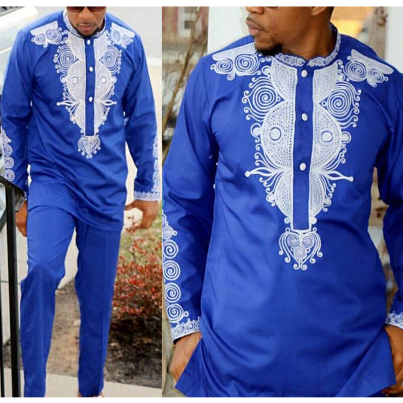 Conjunto de duas peças de blusa e calça masculina H & D Dashiki, roupa africana, camisa Riche com calças, 2022