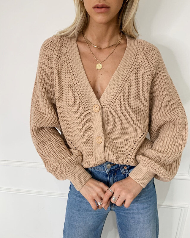 Cardigan  Sweaters Tops Women  2020 Autumn New Knit Loose Casual Solid Color V-neck Lantern Sleeves bat Sleeves  Button Jacket