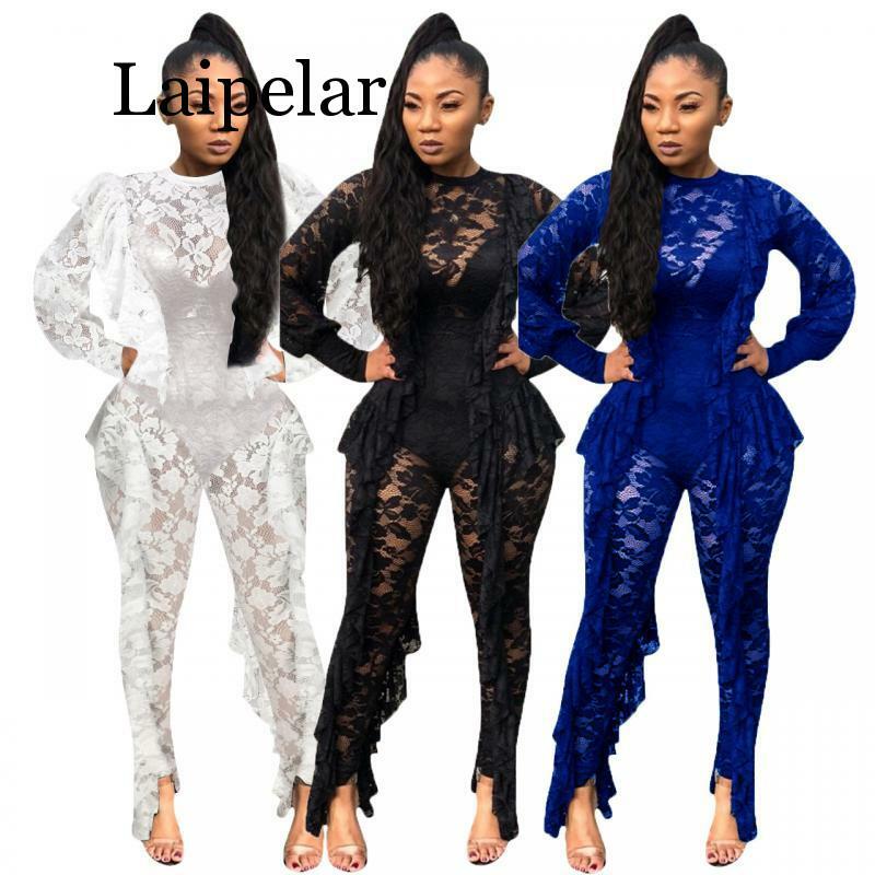 Long Sleeve Sexy Sheer Black Lace Jumpsuit Bodysuit Women See Through Ruffle Party Club Wear One Piece Bodycon Jumpsuit Rompers