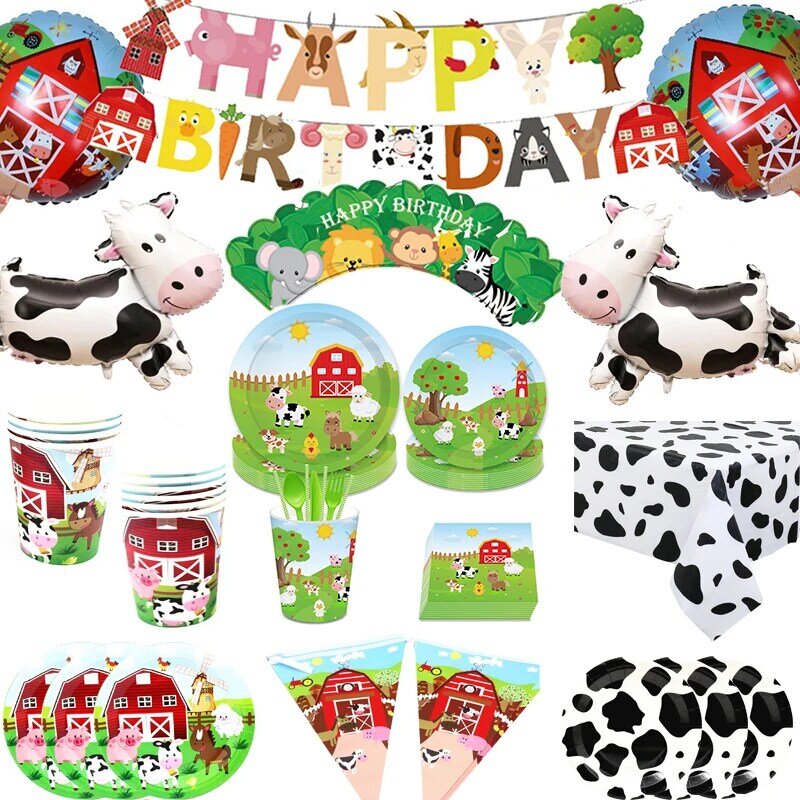 Decoración de fiesta de cumpleaños con temática de vaca de granja, mantel desechable, vasos, platos, banderas, globos para Baby Shower