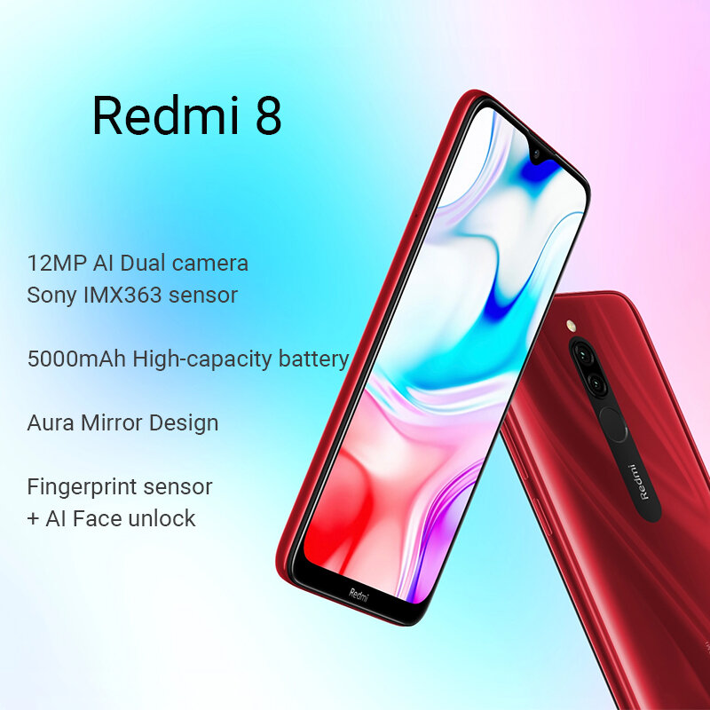 Version mondiale Xiaomi Redmi 8 32GB / 64GB Snapdragon 439 Octa Core 12MP double caméra téléphone portable 5000mAh grande batterie OTA
