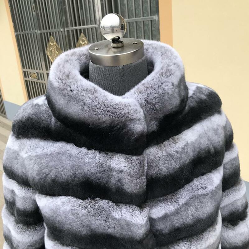 Rex Konijnenbont Jas Vrouwen Winter Bontjas Mode Warme Opstaande Kraag Overjas Gratis Verzending