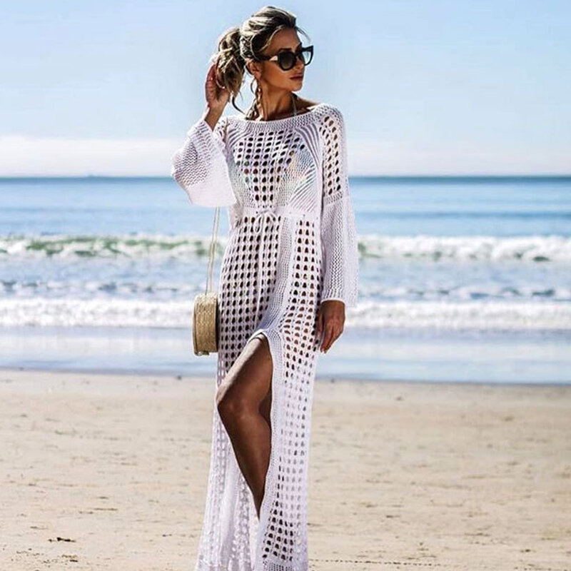 2019 Sexy blanco Crochet tejido Bikini cubre-Up playa abrigo traje de baño cubre-Ups encaje ropa de playa Bikini cubrir Vestido largo de playa