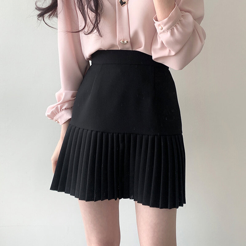 Minissaia feminina plissada de cintura alta linha A, roupa coreana feminina, combina tudo, saia preta casual, verão, 2022