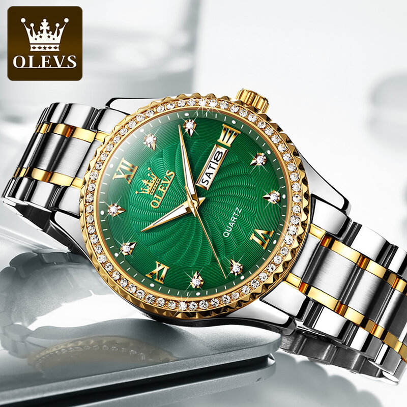 OLEVS jam tangan pria, merek mewah gaya piringan hijau, olahraga tahan air, baja tahan karat, jam kuarsa 5565