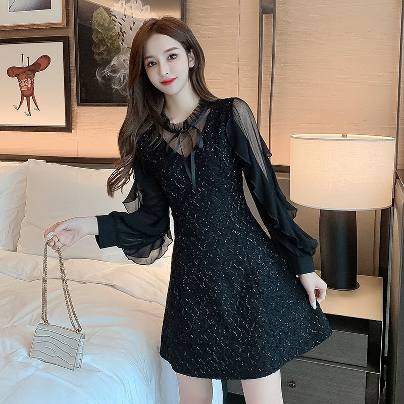فستان رسمي قصير بالترتر أسود صغير DongCMY حجم كبير صغير أنيق كامل الأكمام نادي للحفلات المسائية