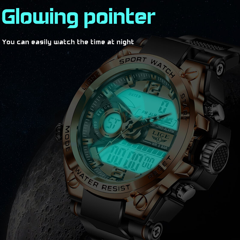 2023 LIGE Sport Men Quartz Digital Watch Creative Diving Watches Men Waterproof Alarm Watch Dual Display Clock Relogio Masculino