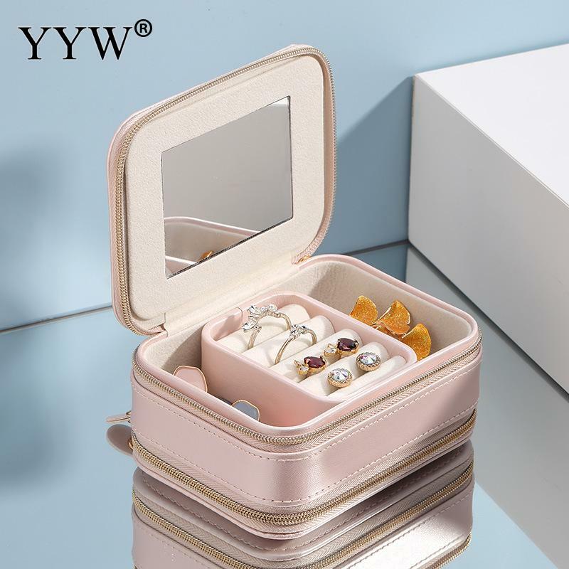 Jewelry Storage Box Doublelayer Zipper Portable Organizer for Women Earing Necklace Ring PU Leather Travel Jewelry Display Boxes