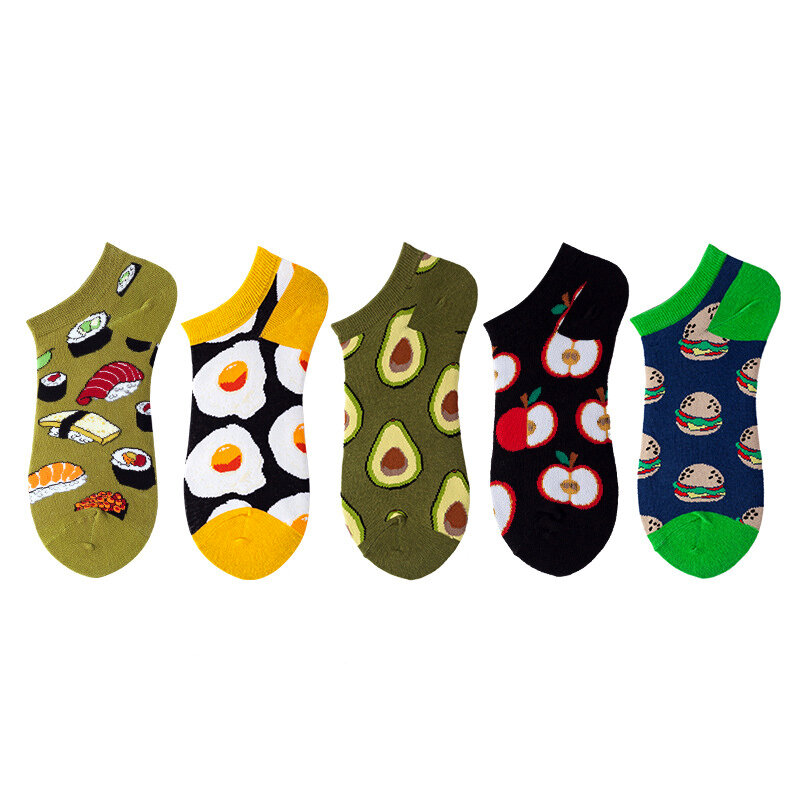 Fruit Animal Funny Cotton Happy Invisible Summer Boat No Show Socks 5 pairs Women Men Short Low Cut Sock Slippers Silicone Sock
