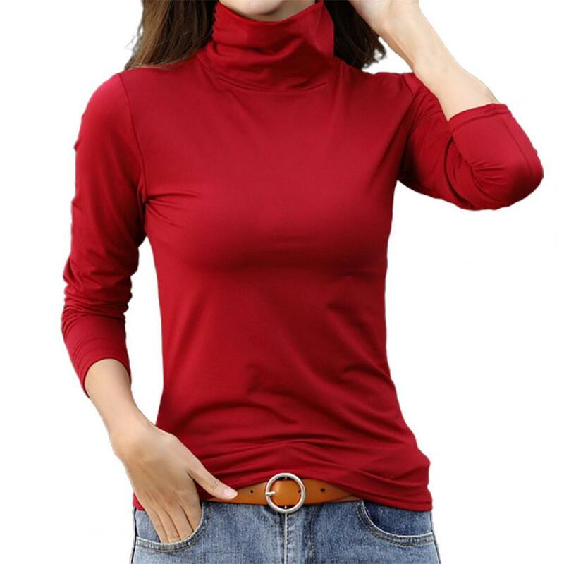 2024 jesienna prosta koszula damska bluzka termiczna jednolity kolor swetry z wysokim kołnierzem Slim pluszowe bluzki dla szczupłej kobiety