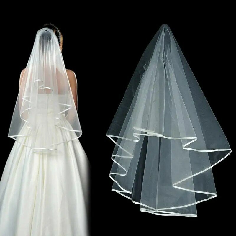 حجاب زفاف أبيض مع مشط ، حجاب تول للزواج ، حافة شريط دانتيل ، إكسسوارات الزفاف