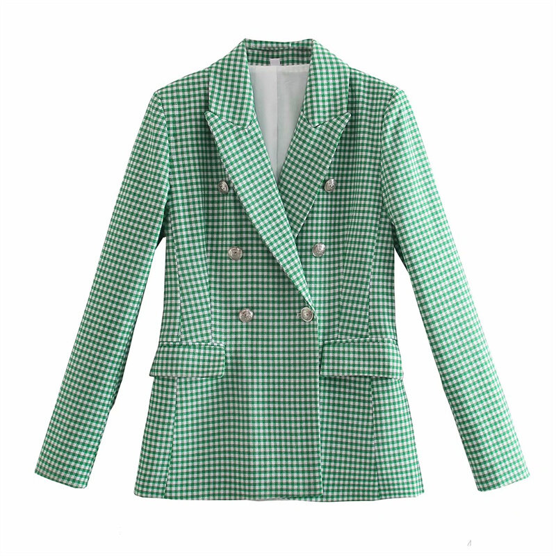 Vintage Women Green Long Sleeve Plaid Blazers Autumn Winter Fashion Ladies Chic Double Breasted Outwear Girls Casual Blazer Tops