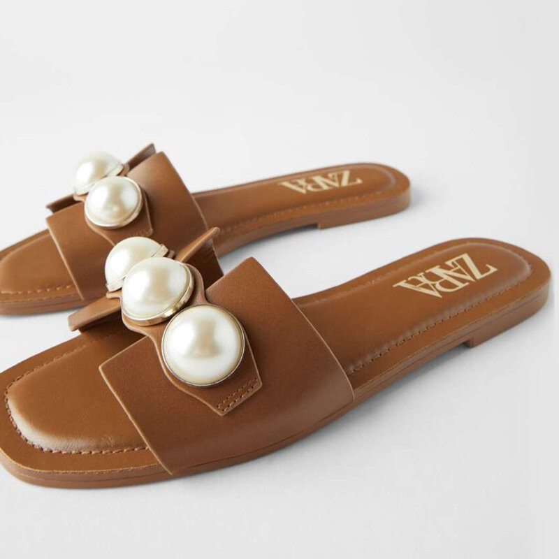 Zapatos de perlas, zapatos ZA para mujer, zapatillas de verano para mujer, zapatillas planas con decoración de perlas, zapatillas elegantes para mujer
