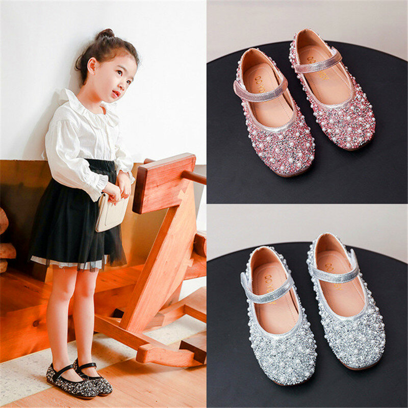 Spring newest girls leather shoes children girl baby princess rhinestone sneakers pearl sequin flat single shoes kid dance shoes