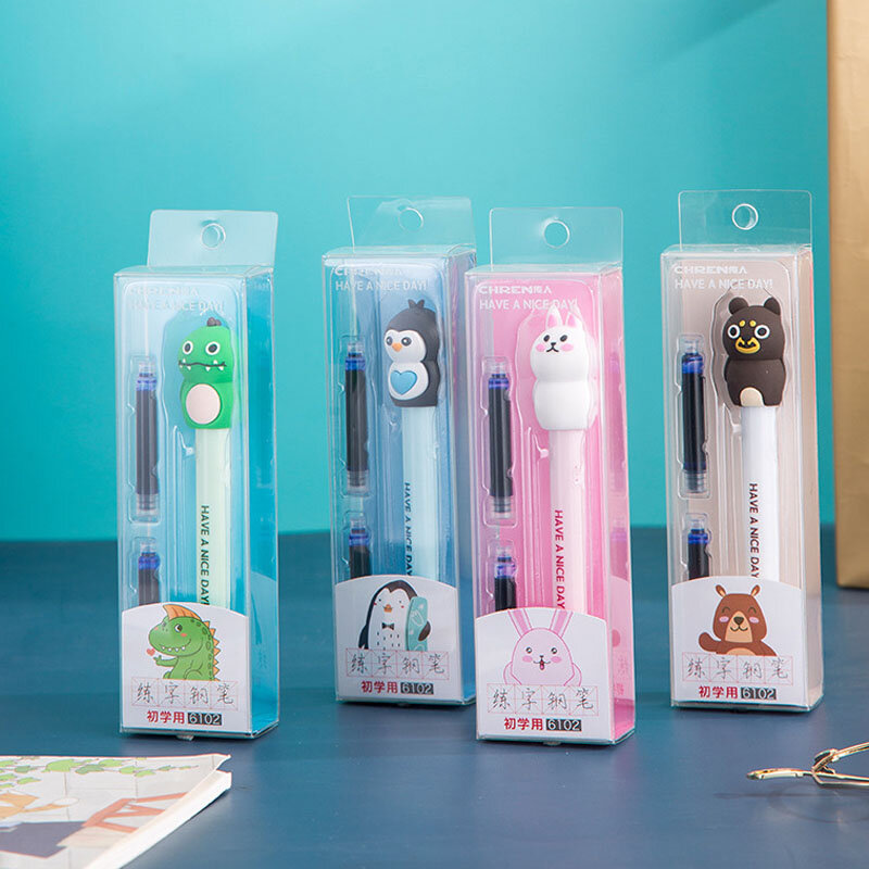 Cute cartoon animals Erasable Fountain Pen Set With Blue Ink Replacable Calligraphy Pen School Kawaii Students  Stationery Gifts