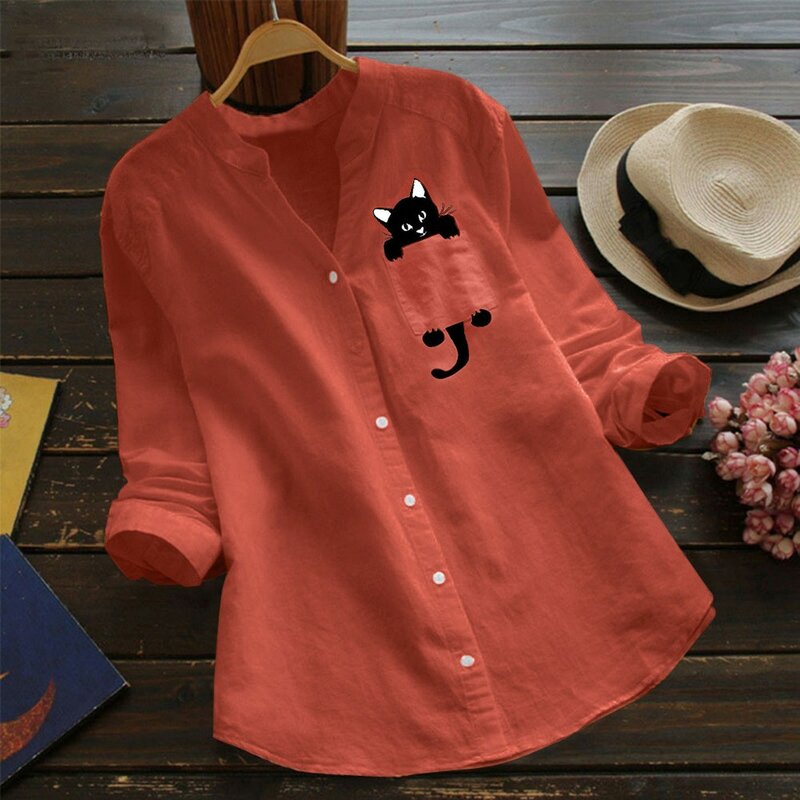 Damska koszula nadruk z kotem kieszeń bawełniana lniana bluzka v-neck Casual długi rękaw guzik do koszuli dół Top odzież koszulka Femme 2021