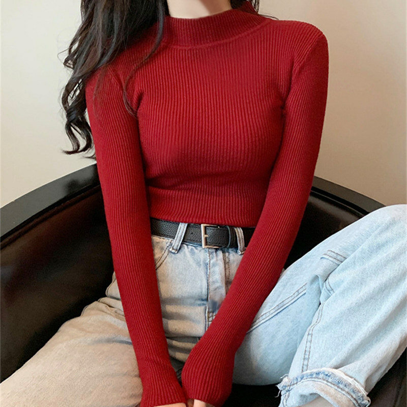 Musim semi dan musim gugur Turtleneck Pullover Sweater Basic wanita Sweater Slim Korea lengan panjang kasual Pullover wanita atasan rajut