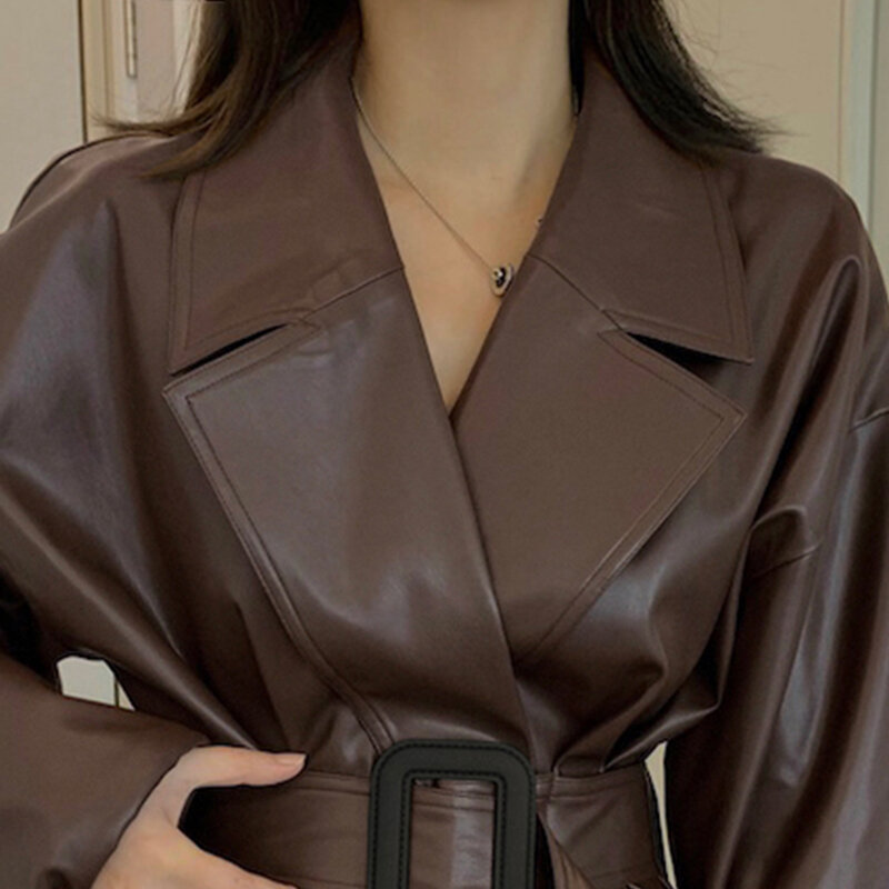 Lautaro Autumn Long Oversized Brown Faux Leather Trench Coat for Women Belt Runway Stylish Loose European Style Fashion 2022