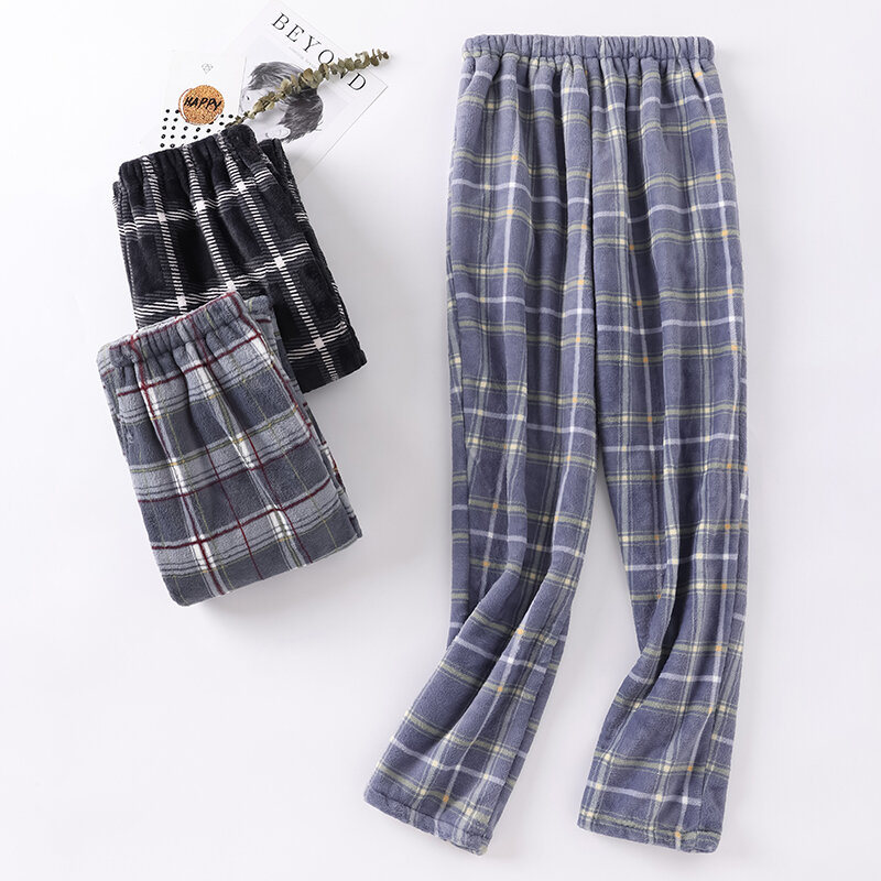 Pijama de flanela grossa masculino, calças xadrez, jardas grandes, calças de sono quente, pijama para homens