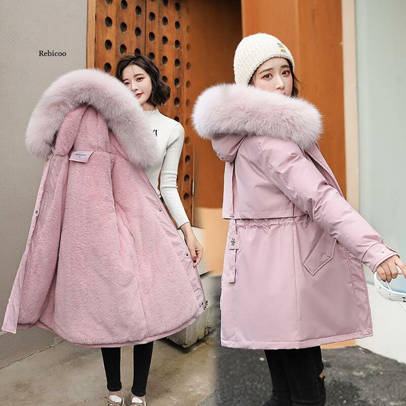 Novo algodão engrossar quente outono inverno jaqueta casaco feminino casual longo parka roupas de inverno forro de pele com capuz casacos