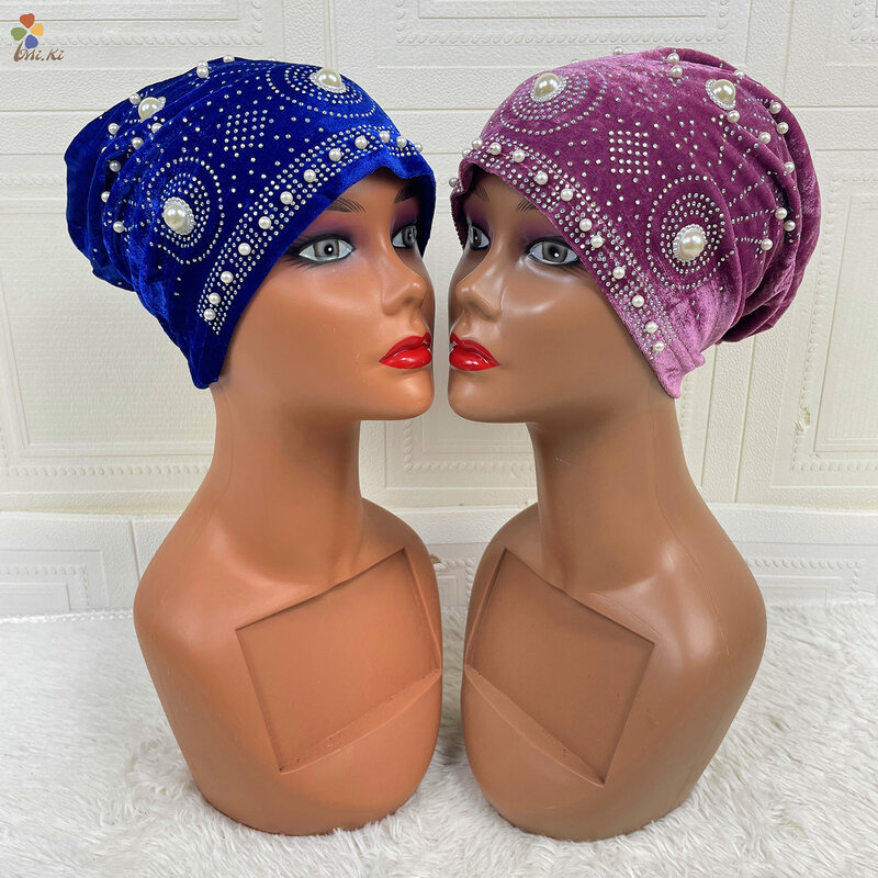 12 foto/confezione nuove perle design donne avvolgere la testa africano sego headtie nigeriano gele pronto cappello turbante automatico