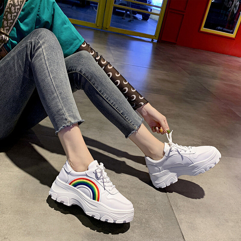 Women's Casual Sports Shoes Autumn and Winter Fashion Platform Shoes Women's Lace Up Rainbow Vulcanized Shoes Zapatillas Mujer